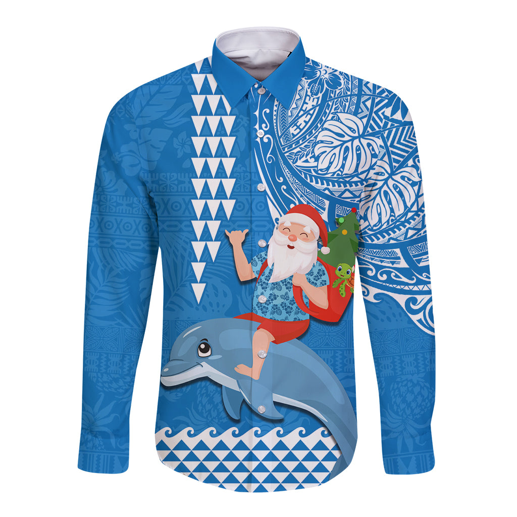 Custom Hawaii Mele Kalikimaka Long Sleeve Button Shirt Santa Riding The DolPhin Mix Kakau Pattern Blue Style LT03 Unisex Blue - Polynesian Pride