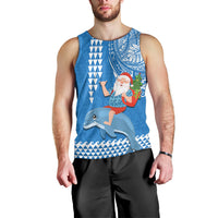 Custom Hawaii Mele Kalikimaka Men Tank Top Santa Riding The DolPhin Mix Kakau Pattern Blue Style LT03 - Polynesian Pride