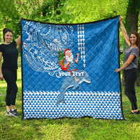 Custom Hawaii Mele Kalikimaka Quilt Santa Riding The DolPhin Mix Kakau Pattern Blue Style LT03 - Polynesian Pride