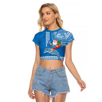 Custom Hawaii Mele Kalikimaka Raglan Cropped T Shirt Santa Riding The DolPhin Mix Kakau Pattern Blue Style LT03 Female Blue - Polynesian Pride