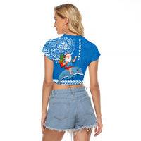 Custom Hawaii Mele Kalikimaka Raglan Cropped T Shirt Santa Riding The DolPhin Mix Kakau Pattern Blue Style LT03 - Polynesian Pride