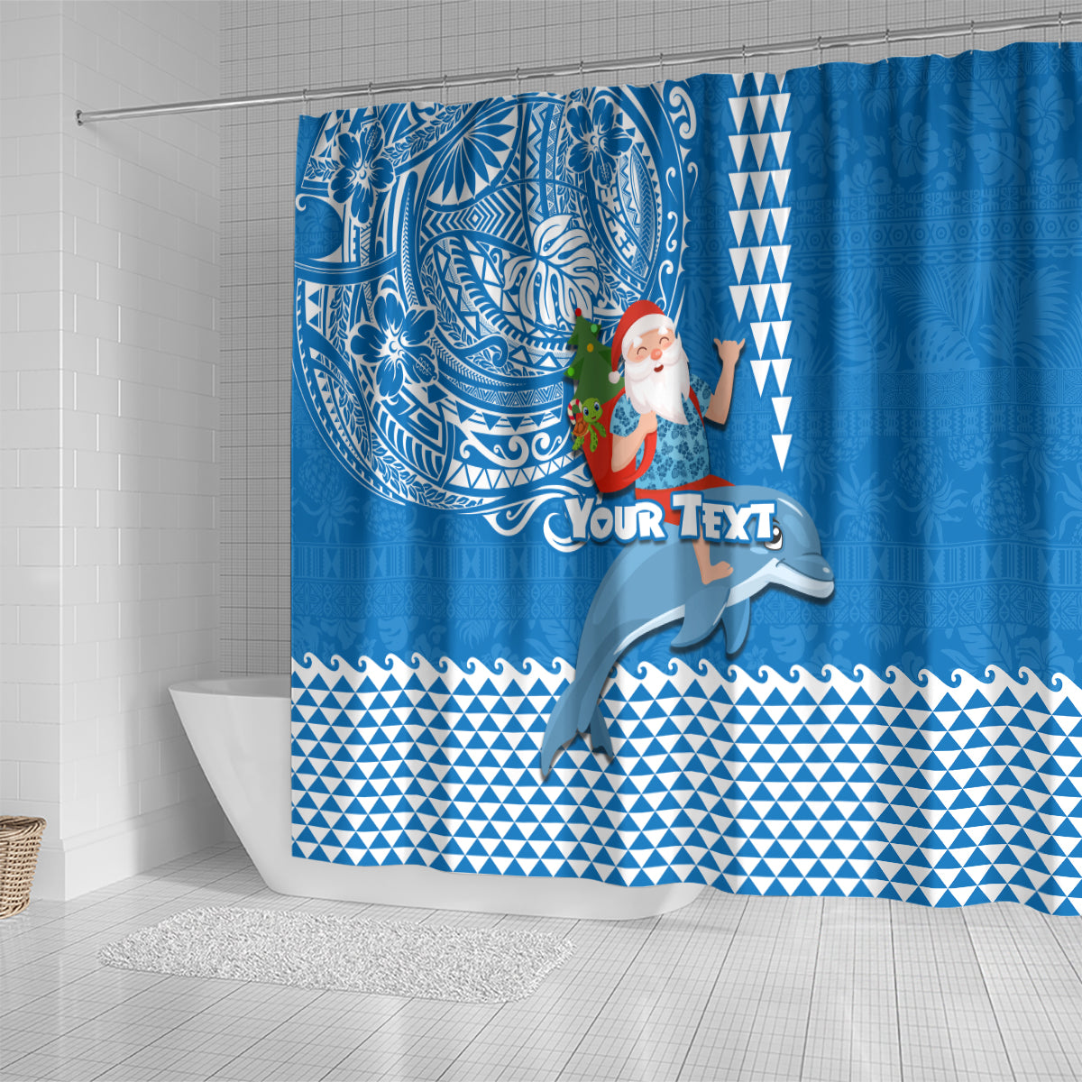 Custom Hawaii Mele Kalikimaka Shower Curtain Santa Riding The DolPhin Mix Kakau Pattern Blue Style LT03 - Polynesian Pride
