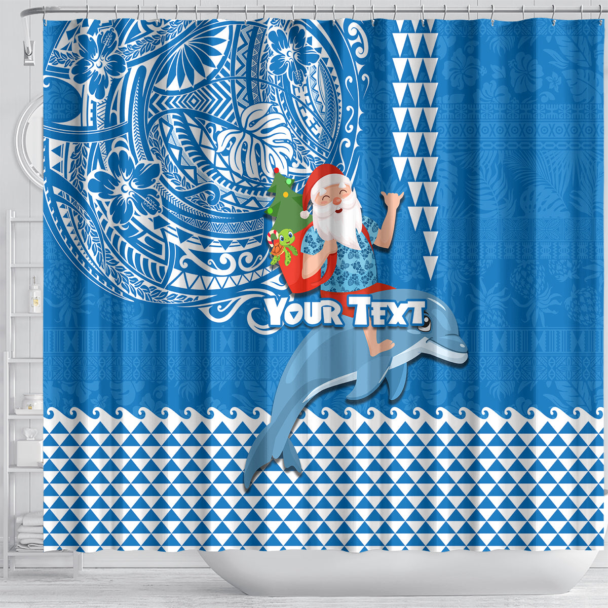 Custom Hawaii Mele Kalikimaka Shower Curtain Santa Riding The DolPhin Mix Kakau Pattern Blue Style LT03 - Polynesian Pride