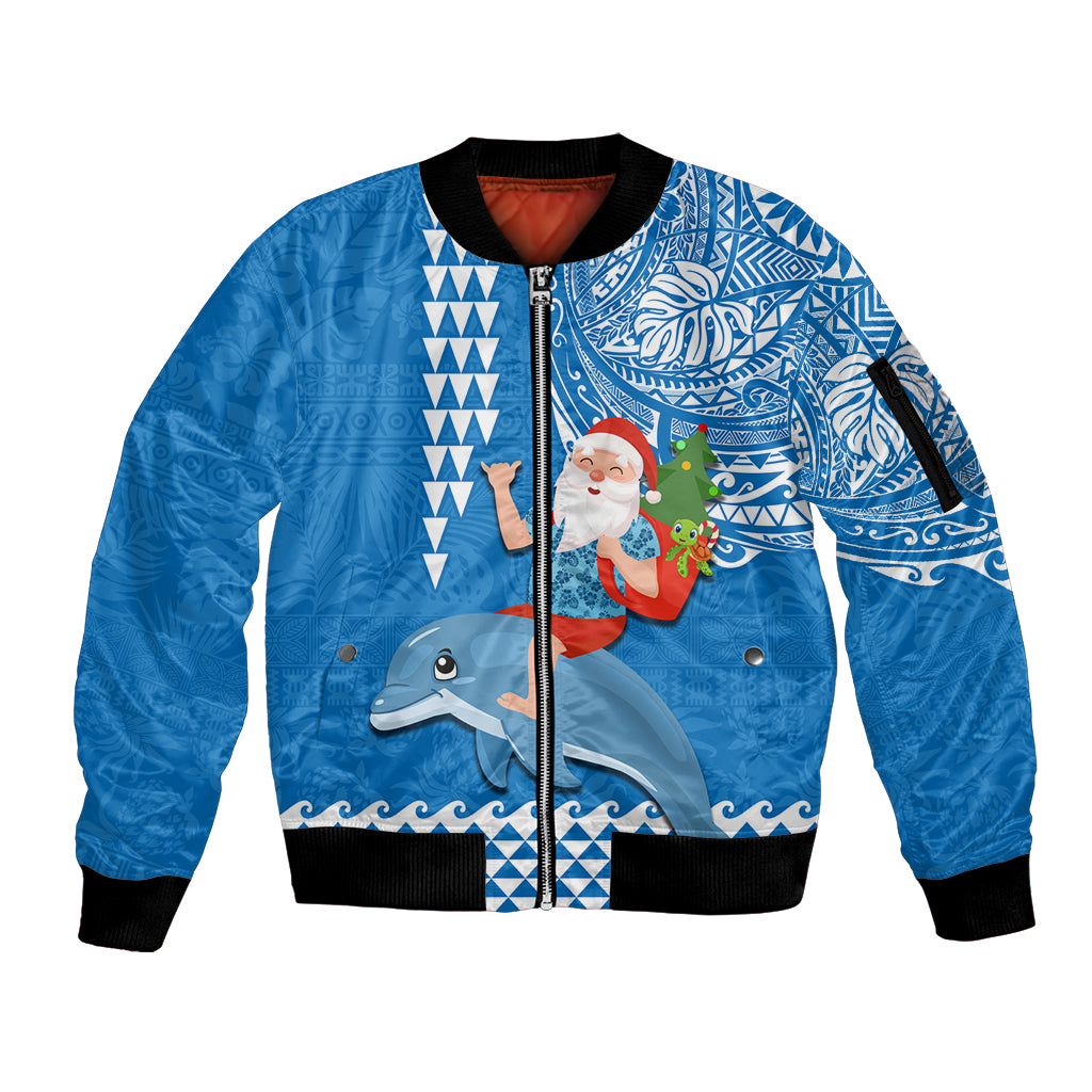 Custom Hawaii Mele Kalikimaka Sleeve Zip Bomber Jacket Santa Riding The DolPhin Mix Kakau Pattern Blue Style LT03 Unisex Blue - Polynesian Pride
