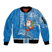 Custom Hawaii Mele Kalikimaka Sleeve Zip Bomber Jacket Santa Riding The DolPhin Mix Kakau Pattern Blue Style LT03 Unisex Blue - Polynesian Pride