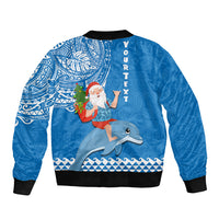 Custom Hawaii Mele Kalikimaka Sleeve Zip Bomber Jacket Santa Riding The DolPhin Mix Kakau Pattern Blue Style LT03 - Polynesian Pride