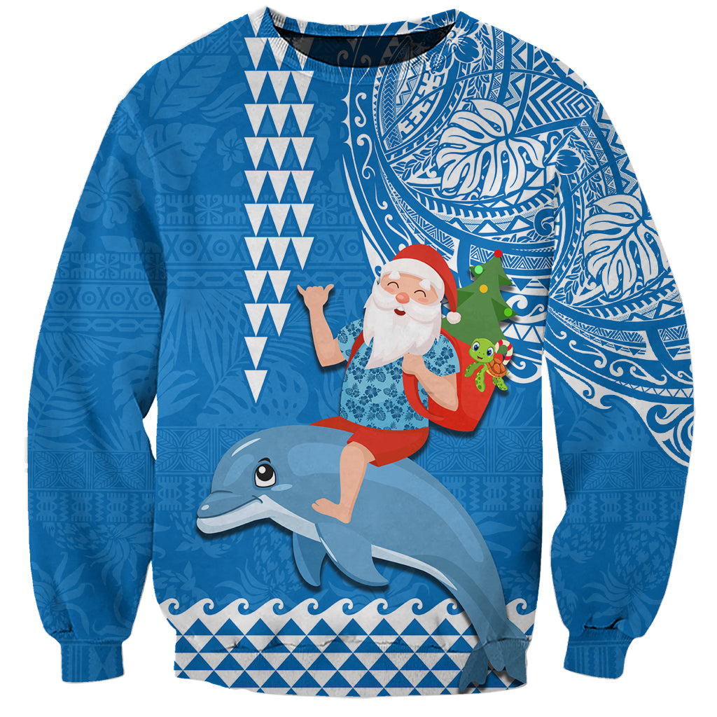 Custom Hawaii Mele Kalikimaka Sweatshirt Santa Riding The DolPhin Mix Kakau Pattern Blue Style LT03 Unisex Blue - Polynesian Pride