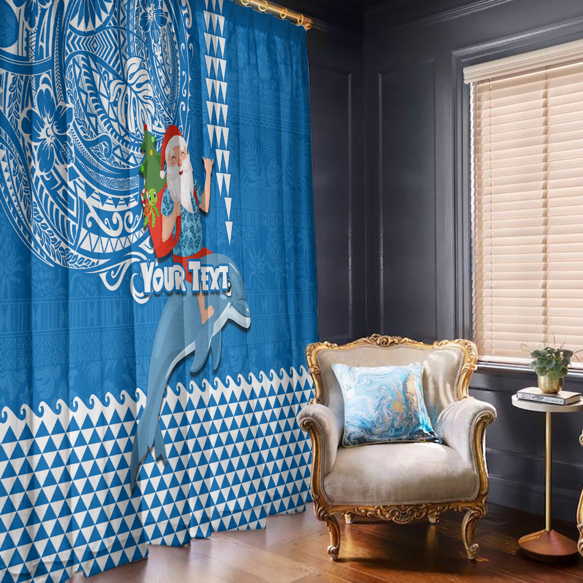 Custom Hawaii Mele Kalikimaka Window Curtain Santa Riding The DolPhin Mix Kakau Pattern Blue Style LT03 - Polynesian Pride