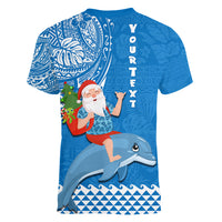 Custom Hawaii Mele Kalikimaka Women V Neck T Shirt Santa Riding The DolPhin Mix Kakau Pattern Blue Style LT03 - Polynesian Pride