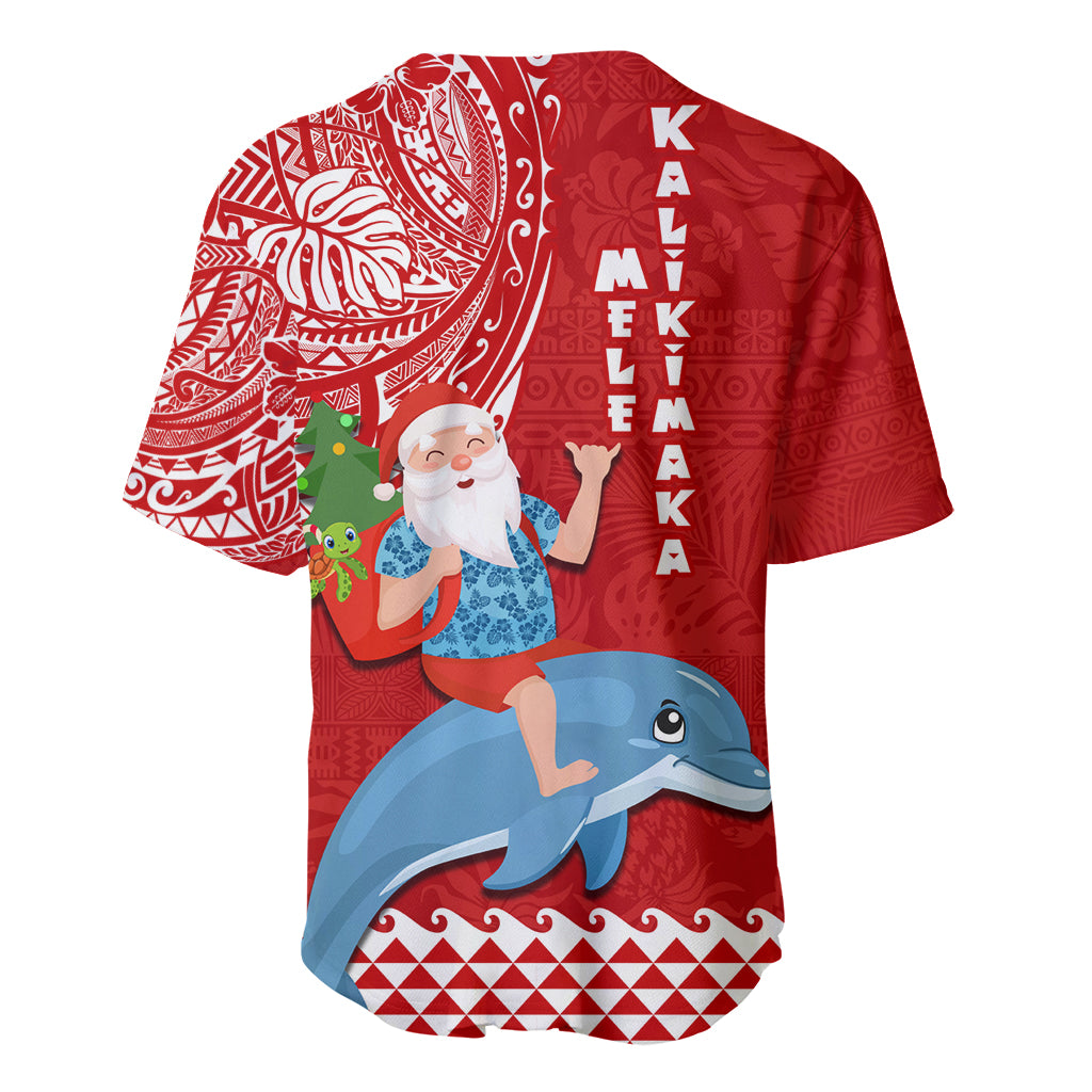 Hawaii Mele Kalikimaka Baseball Jersey Santa Riding The DolPhin Mix Kakau Pattern Red Style LT03 - Polynesian Pride