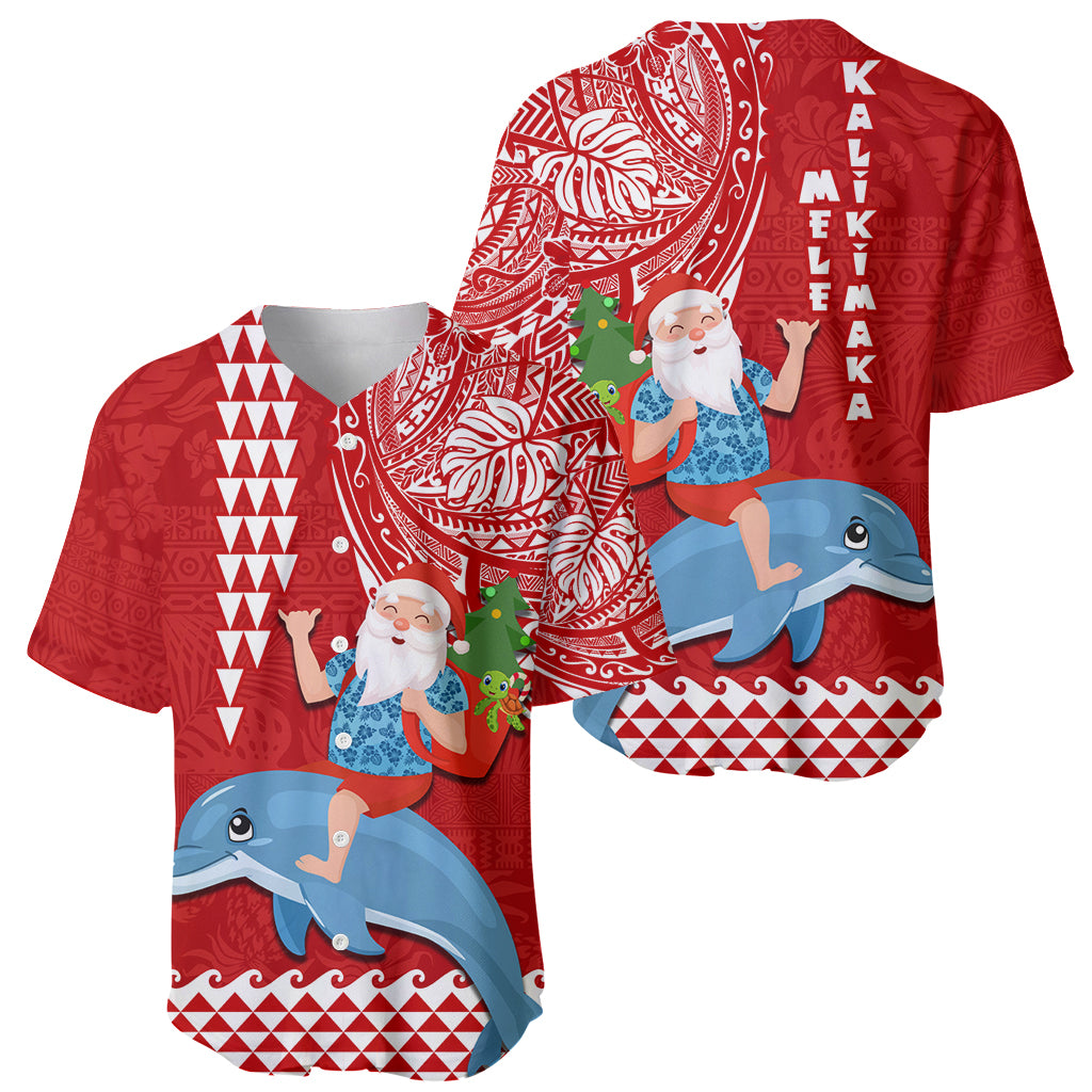 Hawaii Mele Kalikimaka Baseball Jersey Santa Riding The DolPhin Mix Kakau Pattern Red Style LT03 - Polynesian Pride