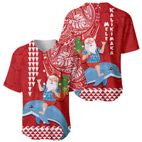 Hawaii Mele Kalikimaka Baseball Jersey Santa Riding The DolPhin Mix Kakau Pattern Red Style LT03 - Polynesian Pride