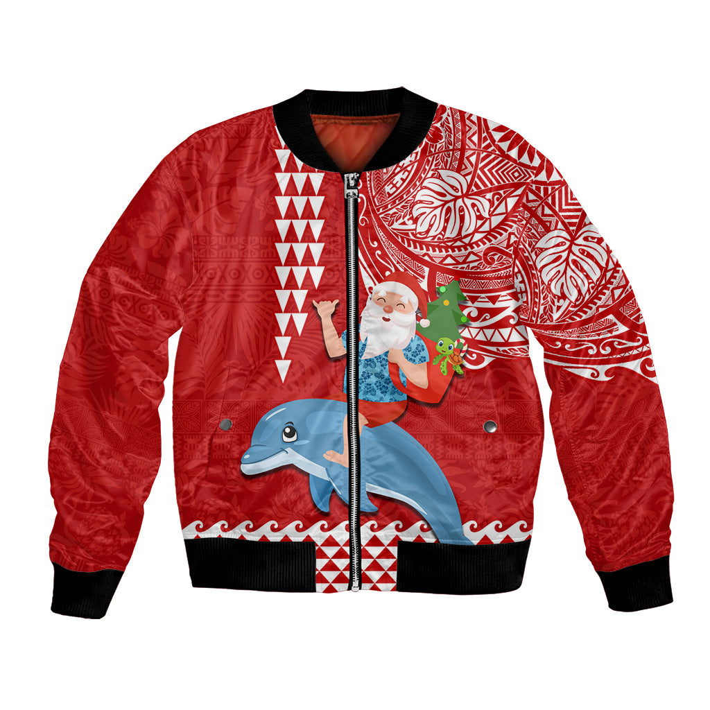 Hawaii Mele Kalikimaka Bomber Jacket Santa Riding The DolPhin Mix Kakau Pattern Red Style LT03 Unisex Red - Polynesian Pride