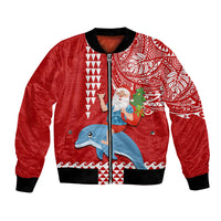 Hawaii Mele Kalikimaka Bomber Jacket Santa Riding The DolPhin Mix Kakau Pattern Red Style LT03 Unisex Red - Polynesian Pride