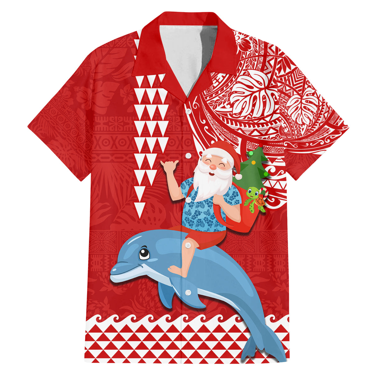 Hawaii Mele Kalikimaka Family Matching Mermaid Dress and Hawaiian Shirt Santa Riding The DolPhin Mix Kakau Pattern Red Style LT03 Dad's Shirt - Short Sleeve Red - Polynesian Pride