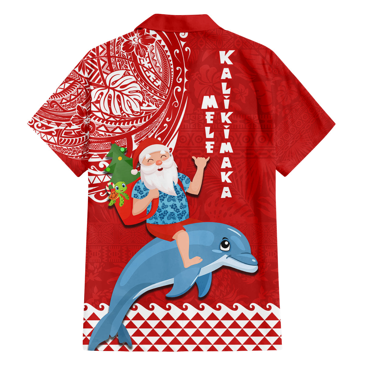 Hawaii Mele Kalikimaka Family Matching Off Shoulder Maxi Dress and Hawaiian Shirt Santa Riding The DolPhin Mix Kakau Pattern Red Style LT03 - Polynesian Pride