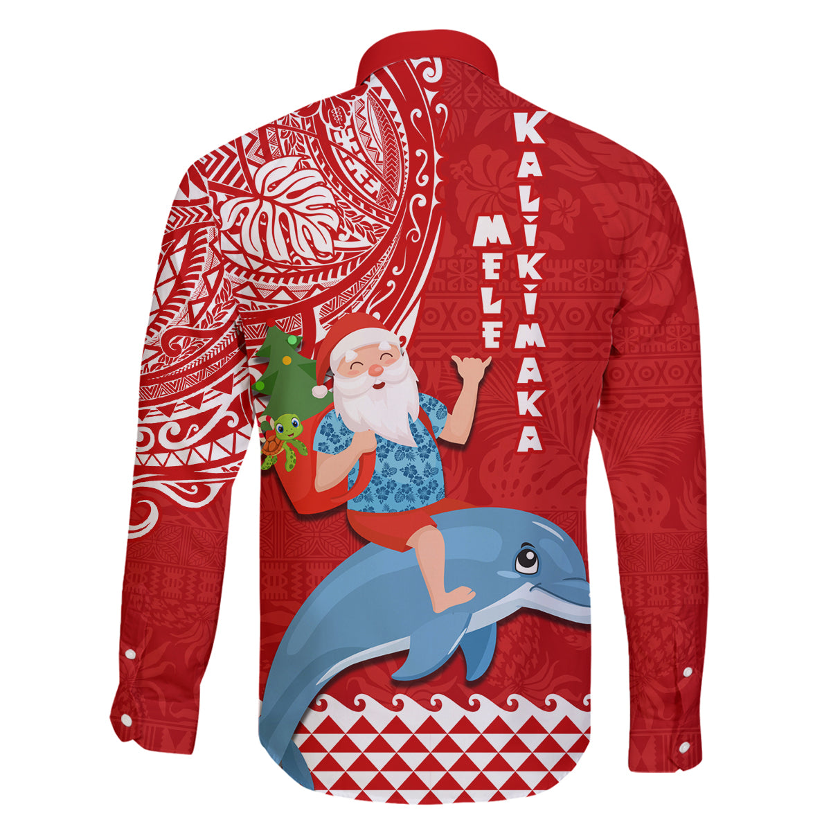 Hawaii Mele Kalikimaka Family Matching Off Shoulder Maxi Dress and Hawaiian Shirt Santa Riding The DolPhin Mix Kakau Pattern Red Style LT03 - Polynesian Pride