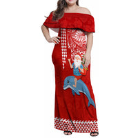 Hawaii Mele Kalikimaka Family Matching Off Shoulder Maxi Dress and Hawaiian Shirt Santa Riding The DolPhin Mix Kakau Pattern Red Style LT03 Mom's Dress Red - Polynesian Pride