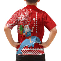 Hawaii Mele Kalikimaka Family Matching Off Shoulder Short Dress and Hawaiian Shirt Santa Riding The DolPhin Mix Kakau Pattern Red Style LT03 - Polynesian Pride