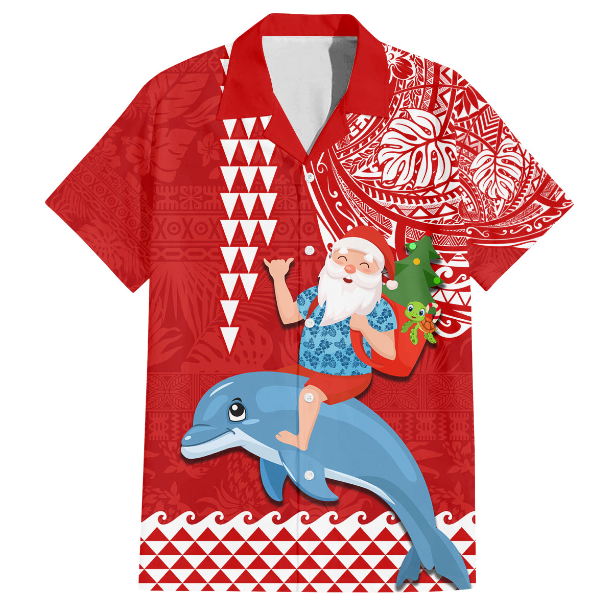 Hawaii Mele Kalikimaka Family Matching Tank Maxi Dress and Hawaiian Shirt Santa Riding The DolPhin Mix Kakau Pattern Red Style LT03 Dad's Shirt - Short Sleeve Red - Polynesian Pride