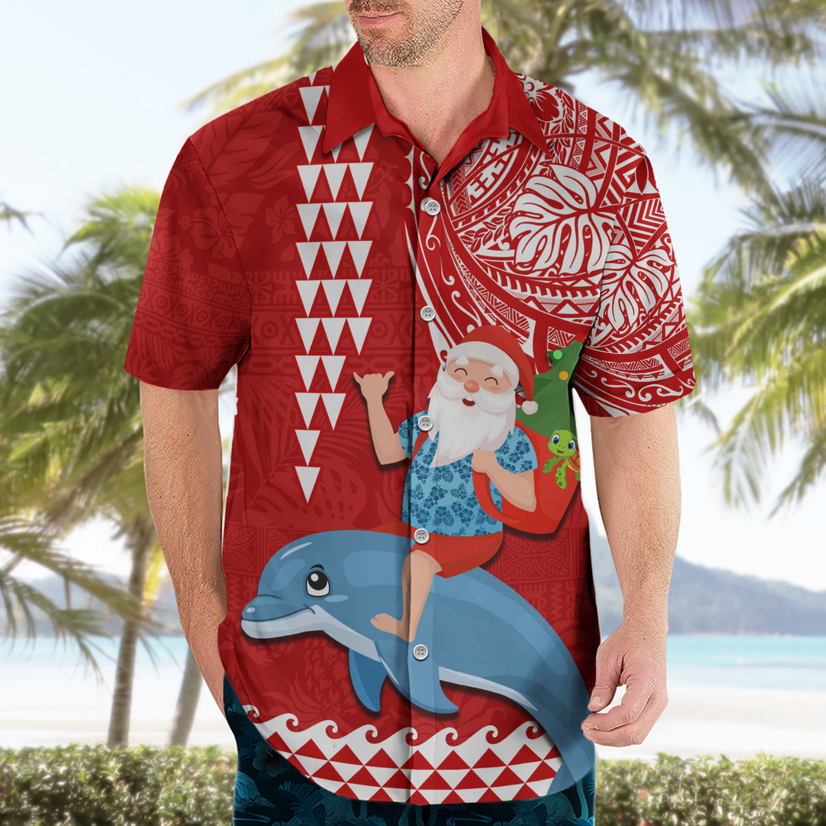 Hawaii Mele Kalikimaka Hawaiian Shirt Santa Riding The DolPhin Mix Kakau Pattern Red Style LT03 - Polynesian Pride