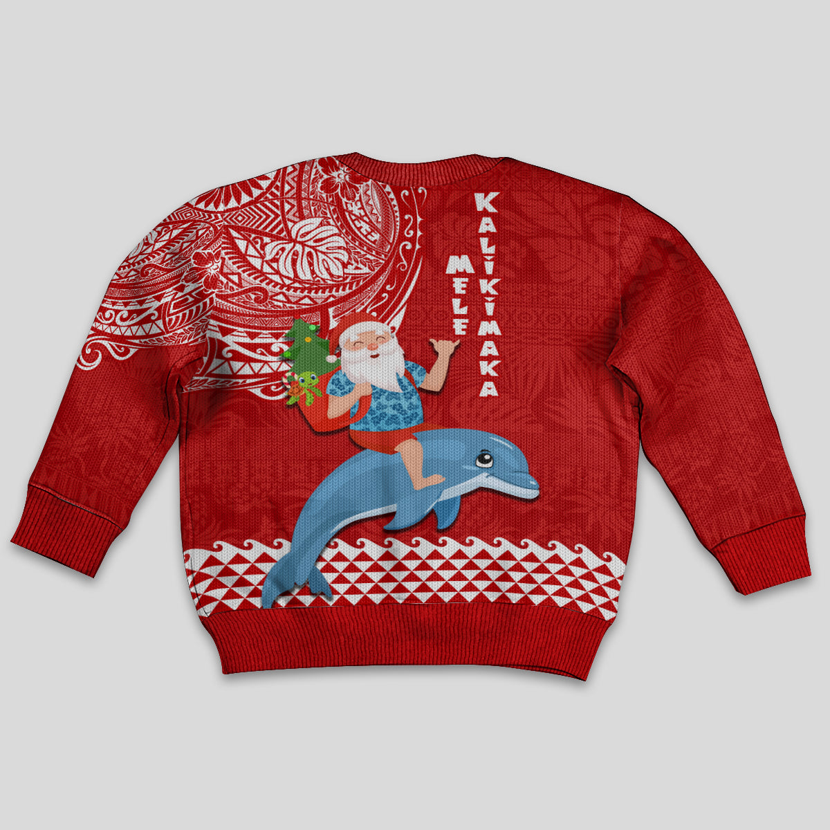Hawaii Mele Kalikimaka Kid Ugly Christmas Sweater Santa Riding The DolPhin Mix Kakau Pattern Red Style LT03 - Polynesian Pride