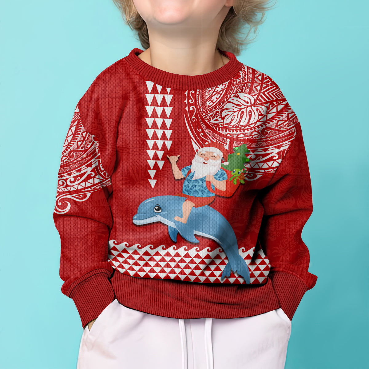 Hawaii Mele Kalikimaka Kid Ugly Christmas Sweater Santa Riding The DolPhin Mix Kakau Pattern Red Style LT03 - Polynesian Pride