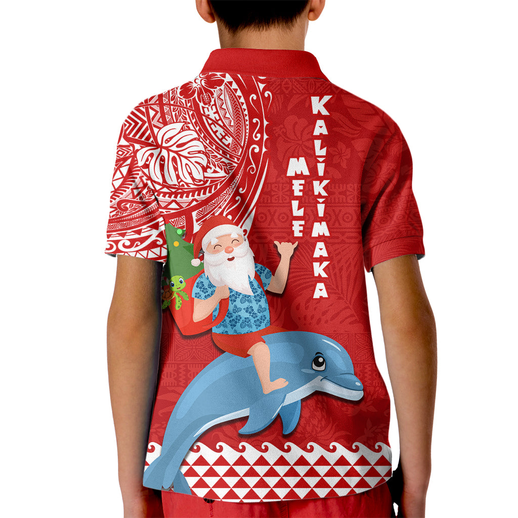 Hawaii Mele Kalikimaka Kid Polo Shirt Santa Riding The DolPhin Mix Kakau Pattern Red Style LT03 - Polynesian Pride