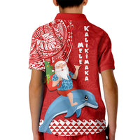 Hawaii Mele Kalikimaka Kid Polo Shirt Santa Riding The DolPhin Mix Kakau Pattern Red Style LT03 - Polynesian Pride