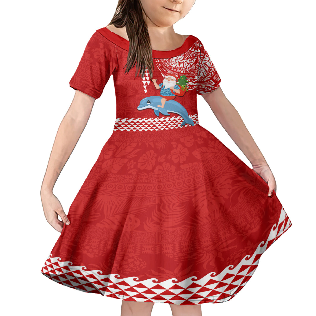 Hawaii Mele Kalikimaka Kid Short Sleeve Dress Santa Riding The DolPhin Mix Kakau Pattern Red Style LT03 KID Red - Polynesian Pride