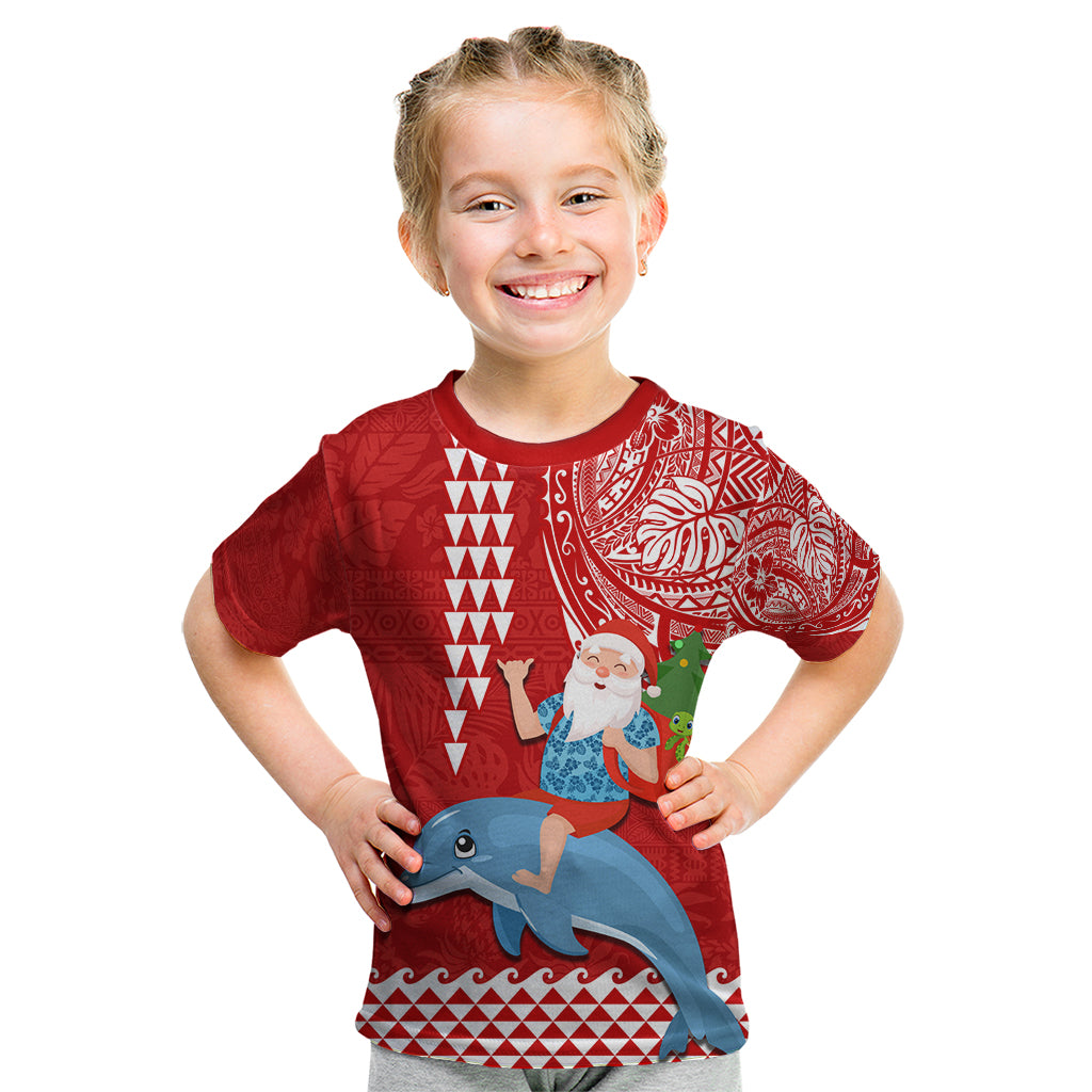 Hawaii Mele Kalikimaka Kid T Shirt Santa Riding The DolPhin Mix Kakau Pattern Red Style LT03 Red - Polynesian Pride