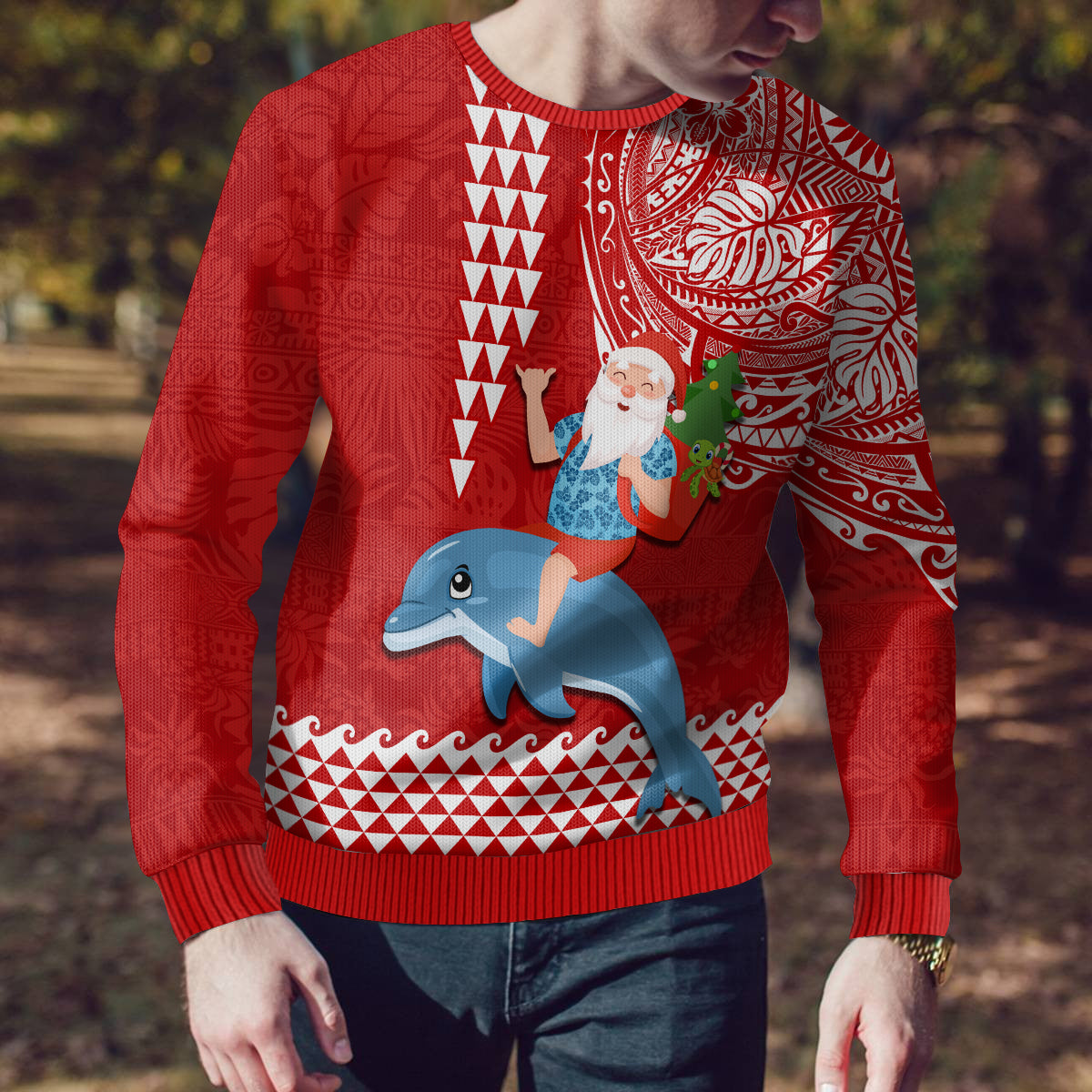 Hawaii Mele Kalikimaka Ugly Christmas Sweater Santa Riding The DolPhin Mix Kakau Pattern Red Style LT03 - Polynesian Pride