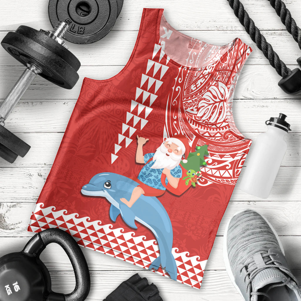 Hawaii Mele Kalikimaka Men Tank Top Santa Riding The DolPhin Mix Kakau Pattern Red Style LT03 - Polynesian Pride