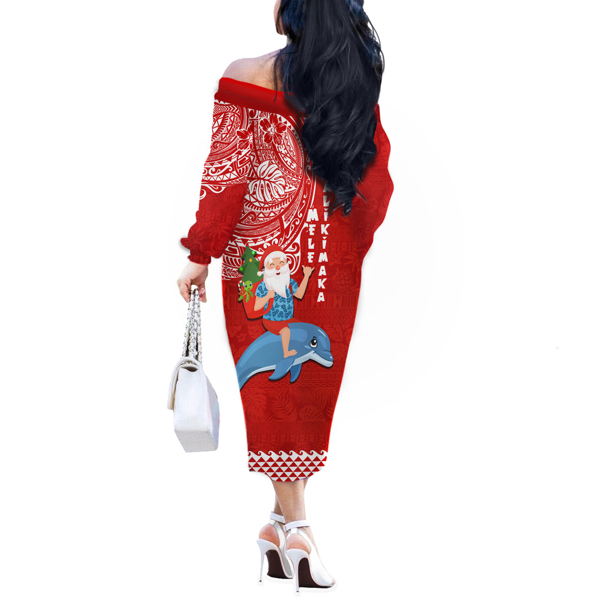 Hawaii Mele Kalikimaka Off The Shoulder Long Sleeve Dress Santa Riding The DolPhin Mix Kakau Pattern Red Style LT03 - Polynesian Pride