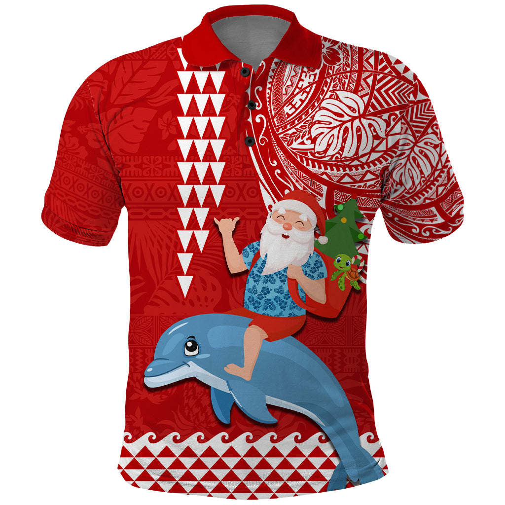 Hawaii Mele Kalikimaka Polo Shirt Santa Riding The DolPhin Mix Kakau Pattern Red Style LT03 Red - Polynesian Pride
