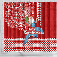 Hawaii Mele Kalikimaka Shower Curtain Santa Riding The DolPhin Mix Kakau Pattern Red Style LT03 - Polynesian Pride