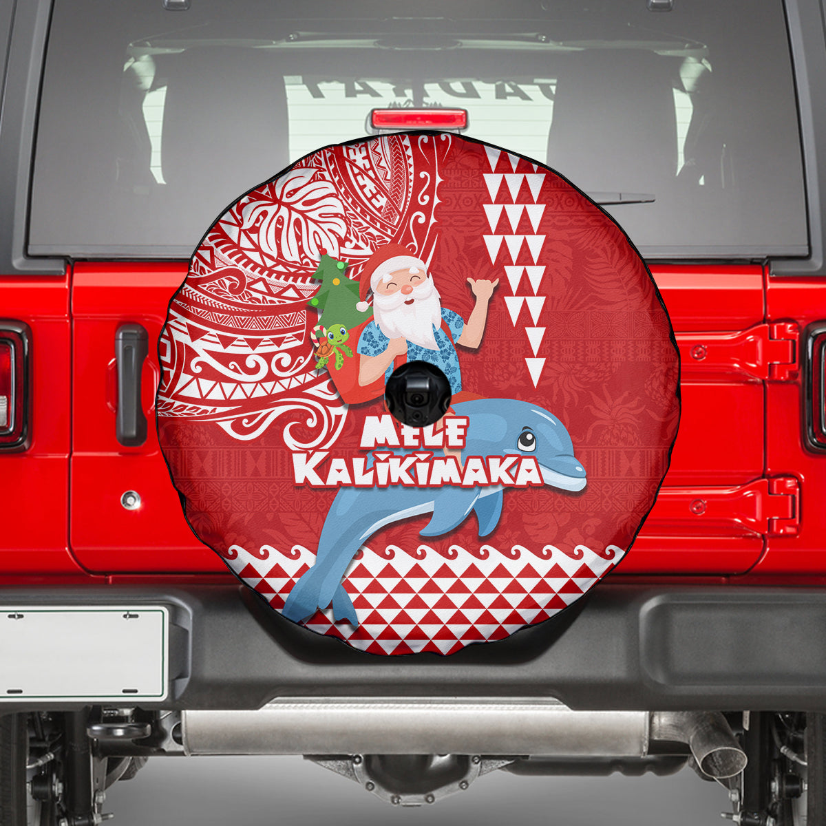 Hawaii Mele Kalikimaka Spare Tire Cover Santa Riding The DolPhin Mix Kakau Pattern Red Style LT03 - Polynesian Pride