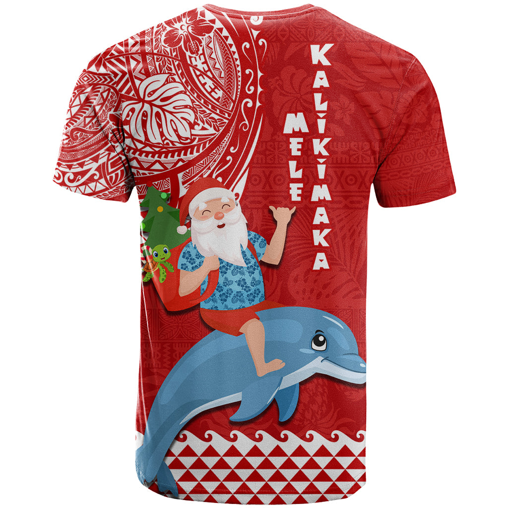 Hawaii Mele Kalikimaka T Shirt Santa Riding The DolPhin Mix Kakau Pattern Red Style LT03 - Polynesian Pride