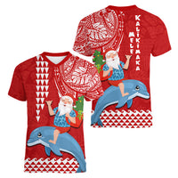 Hawaii Mele Kalikimaka Women V Neck T Shirt Santa Riding The DolPhin Mix Kakau Pattern Red Style LT03 - Polynesian Pride