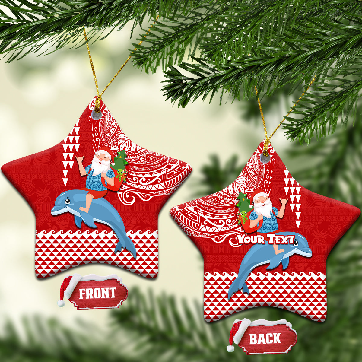 Custom Hawaii Mele Kalikimaka Ceramic Ornament Santa Riding The DolPhin Mix Kakau Pattern Red Style LT03 Star Red - Polynesian Pride