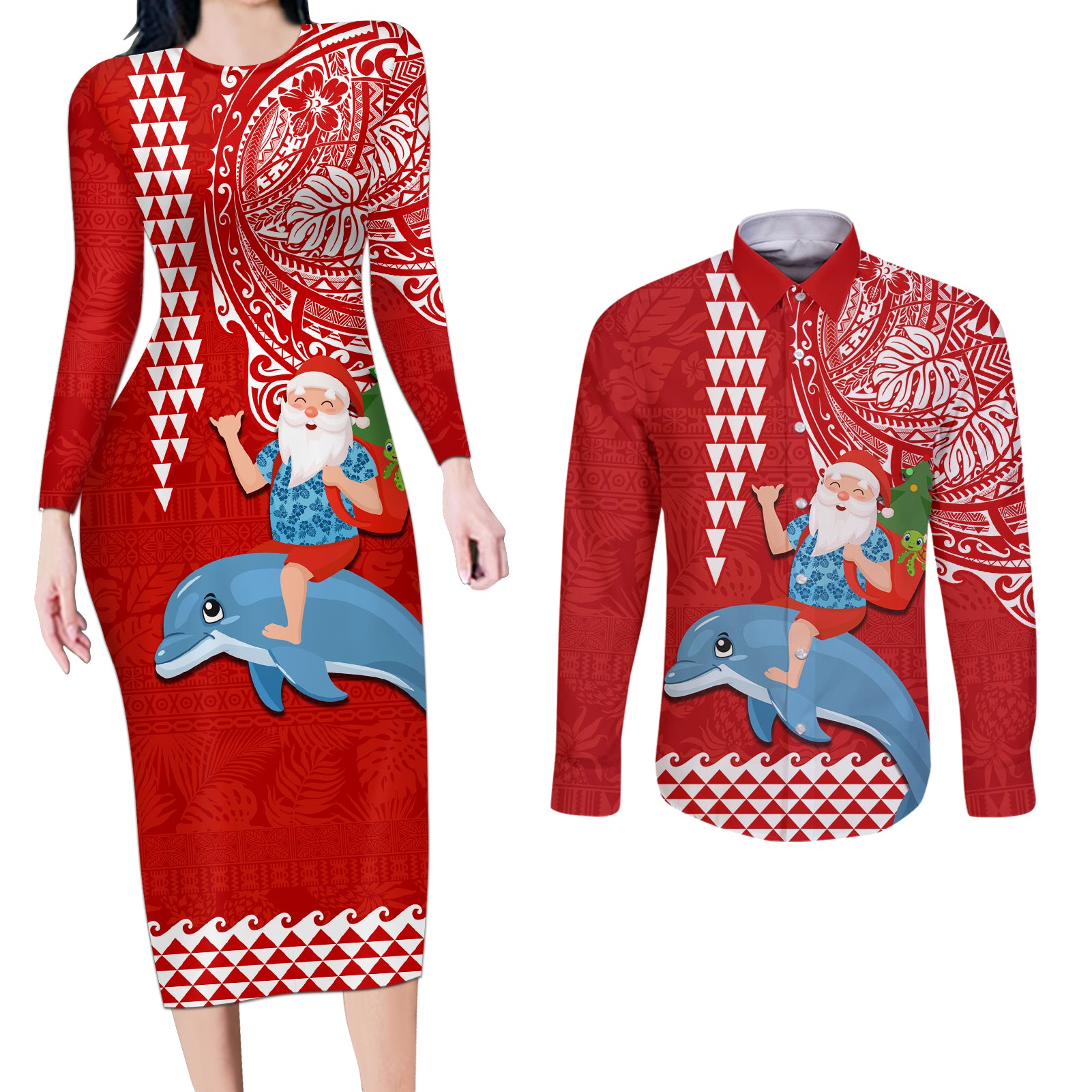Custom Hawaii Mele Kalikimaka Couples Matching Long Sleeve Bodycon Dress and Long Sleeve Button Shirt Santa Riding The DolPhin Mix Kakau Pattern Red Style LT03 Red - Polynesian Pride