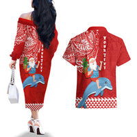 Custom Hawaii Mele Kalikimaka Couples Matching Off The Shoulder Long Sleeve Dress and Hawaiian Shirt Santa Riding The DolPhin Mix Kakau Pattern Red Style LT03 - Polynesian Pride