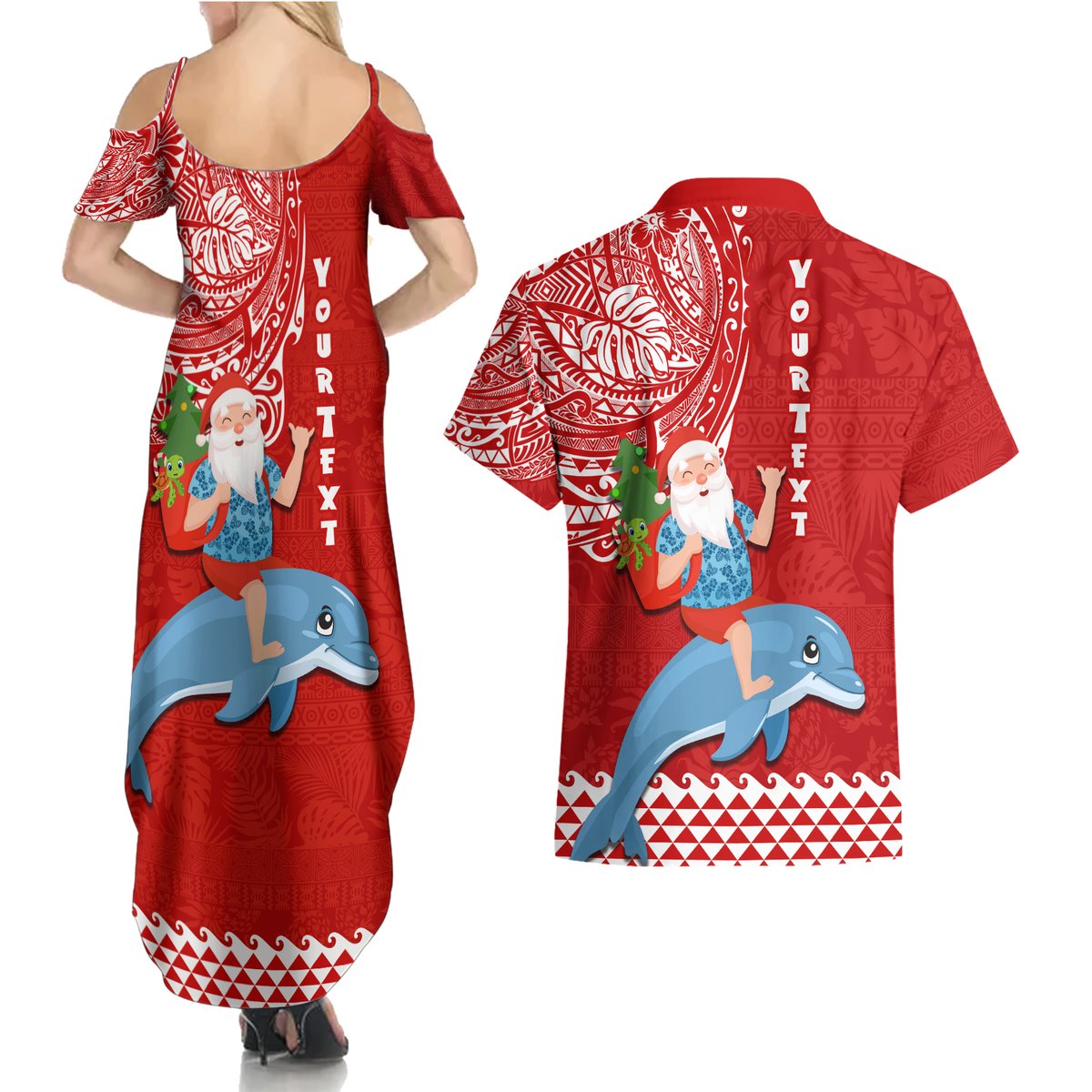 Custom Hawaii Mele Kalikimaka Couples Matching Summer Maxi Dress and Hawaiian Shirt Santa Riding The DolPhin Mix Kakau Pattern Red Style LT03 - Polynesian Pride