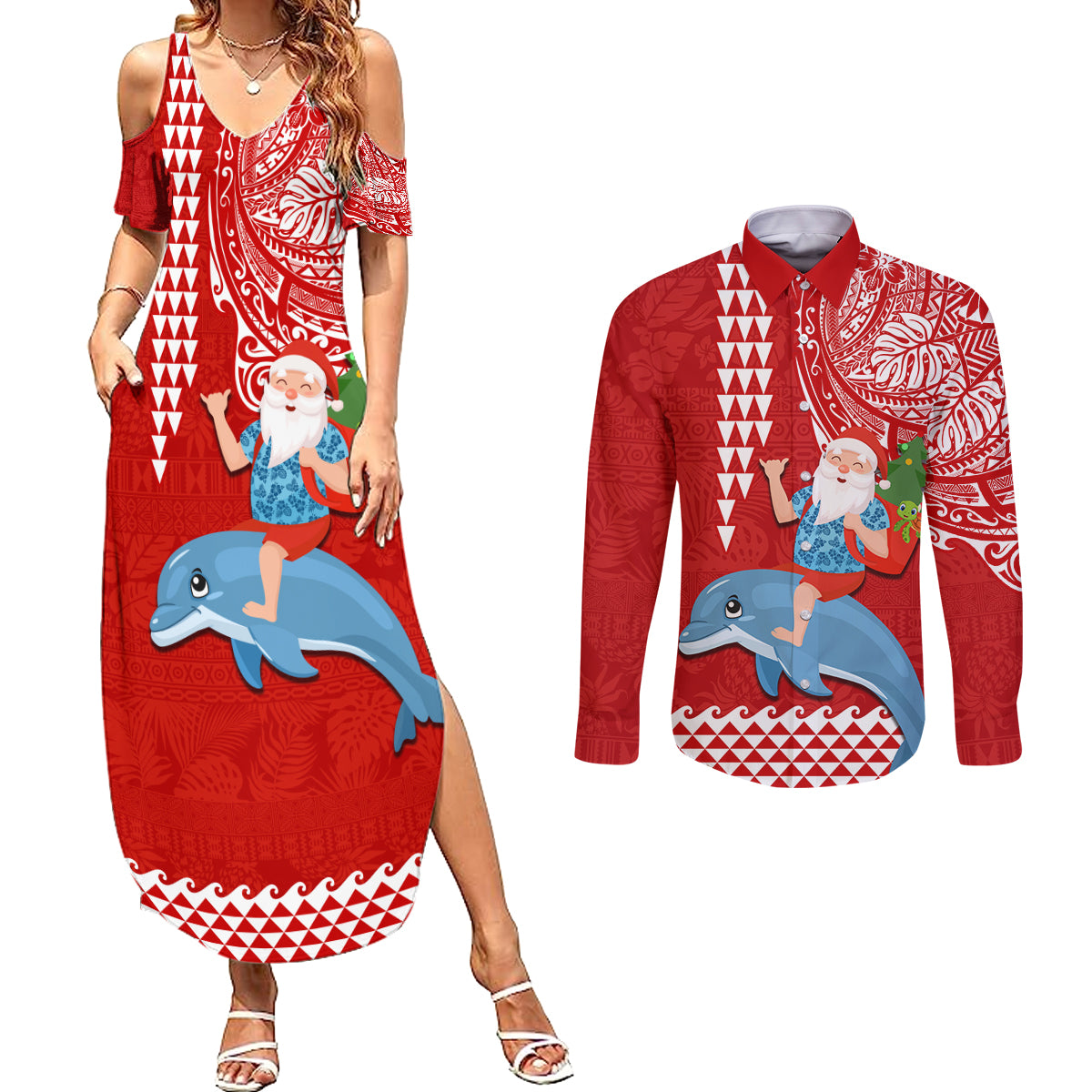 Custom Hawaii Mele Kalikimaka Couples Matching Summer Maxi Dress and Long Sleeve Button Shirt Santa Riding The DolPhin Mix Kakau Pattern Red Style LT03 Red - Polynesian Pride
