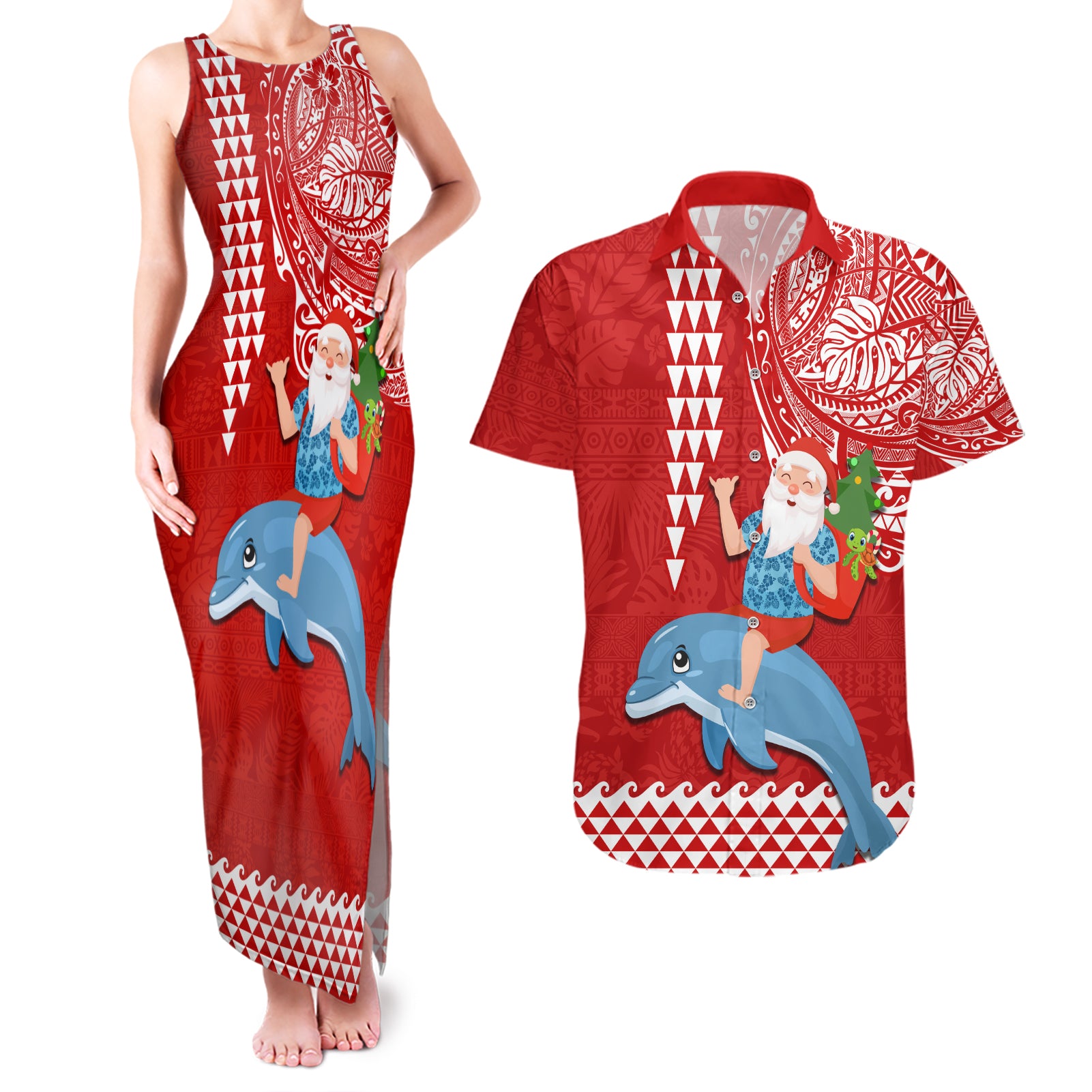 Custom Hawaii Mele Kalikimaka Couples Matching Tank Maxi Dress and Hawaiian Shirt Santa Riding The DolPhin Mix Kakau Pattern Red Style LT03 Red - Polynesian Pride