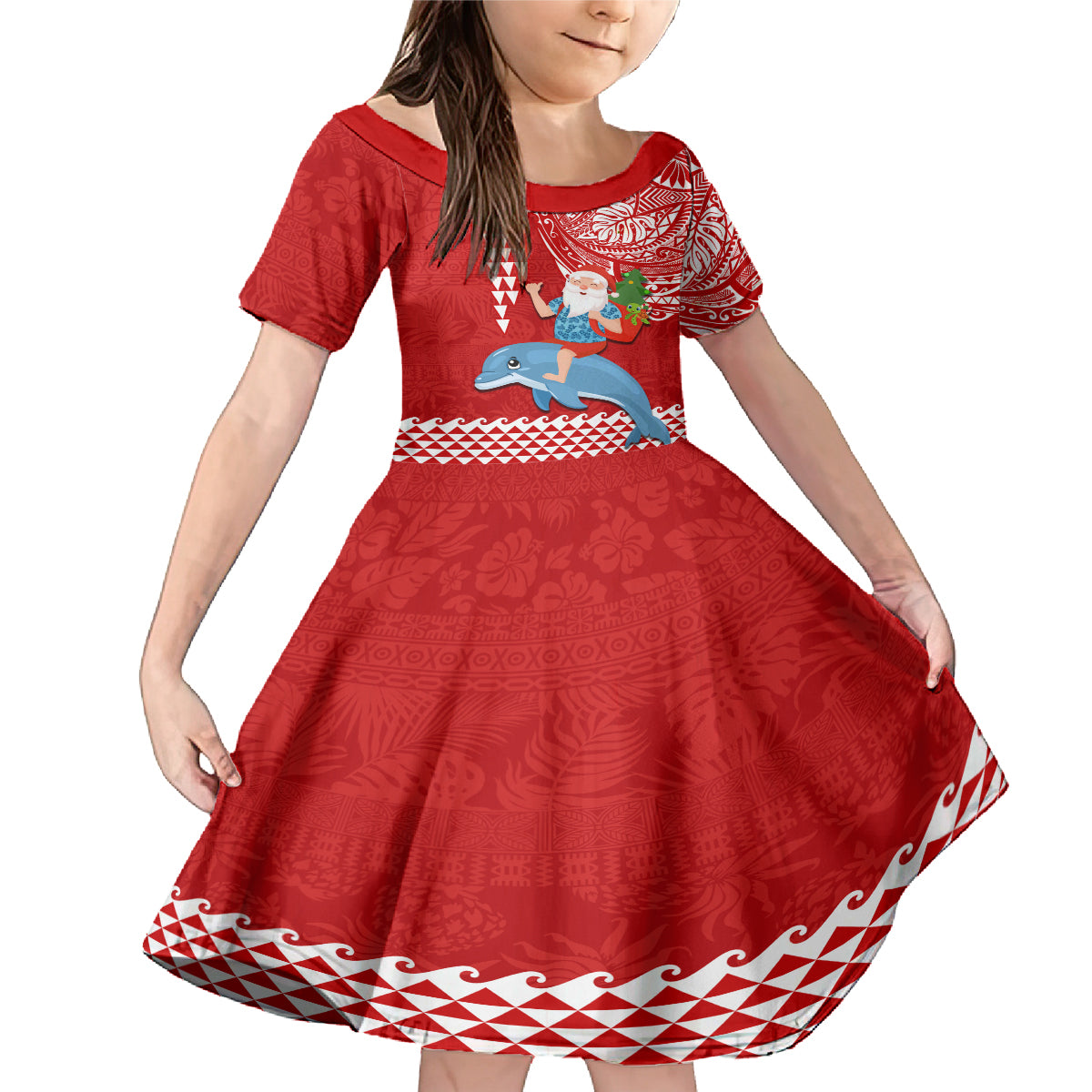 Custom Hawaii Mele Kalikimaka Family Matching Mermaid Dress and Hawaiian Shirt Santa Riding The DolPhin Mix Kakau Pattern Red Style LT03 Daughter's Dress Red - Polynesian Pride