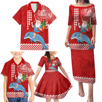 Custom Hawaii Mele Kalikimaka Family Matching Puletasi Dress and Hawaiian Shirt Santa Riding The DolPhin Mix Kakau Pattern Red Style LT03 - Polynesian Pride