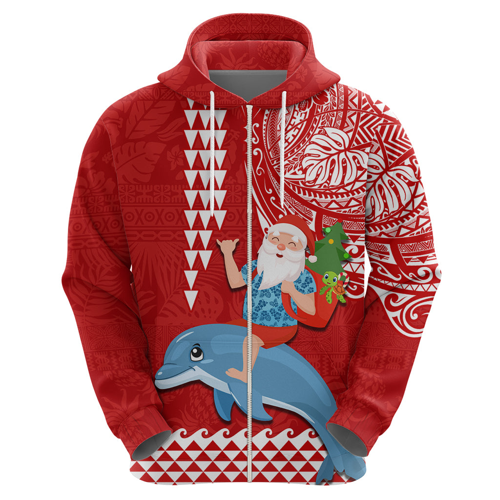 Custom Hawaii Mele Kalikimaka Hoodie Santa Riding The DolPhin Mix Kakau Pattern Red Style LT03 - Polynesian Pride