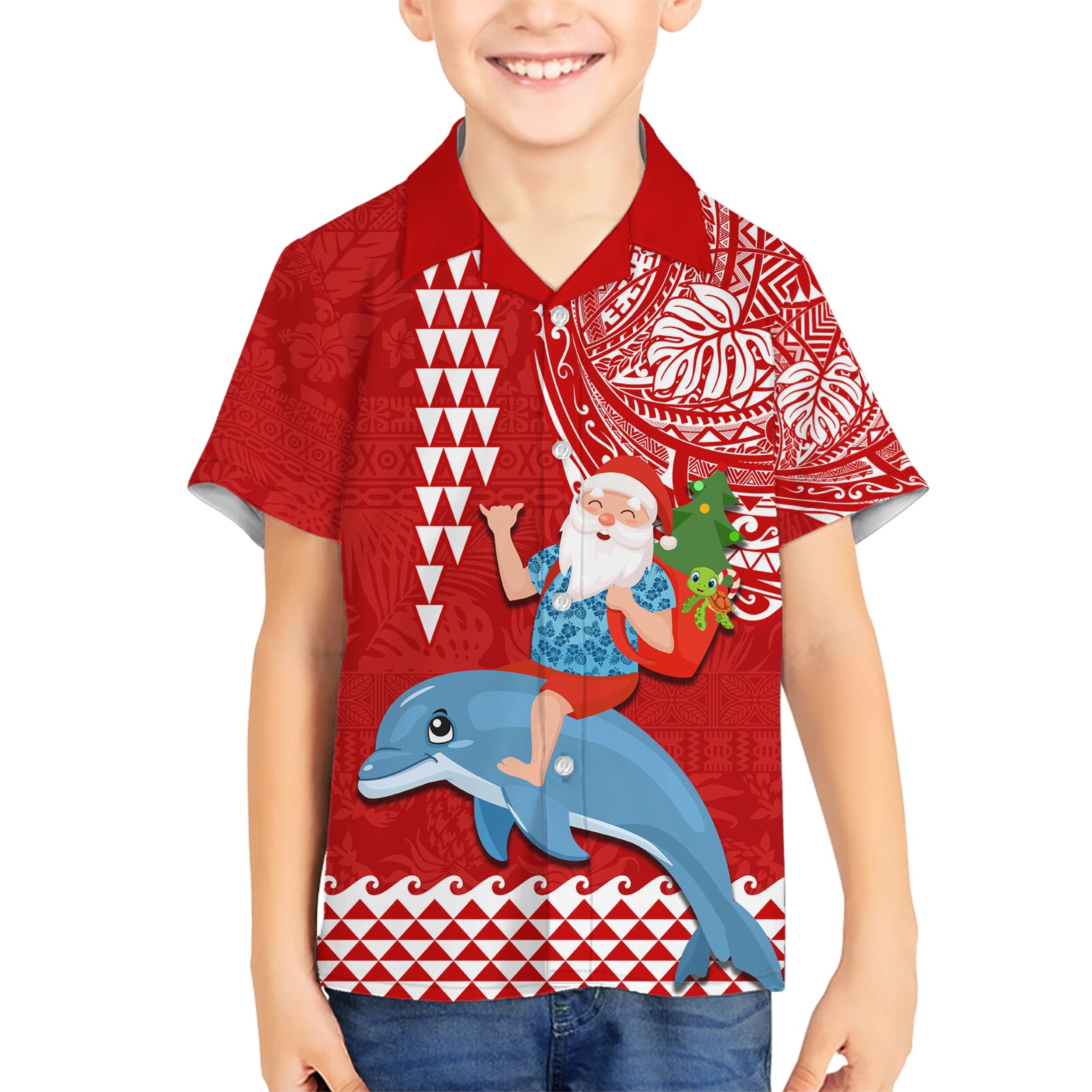 Custom Hawaii Mele Kalikimaka Kid Hawaiian Shirt Santa Riding The DolPhin Mix Kakau Pattern Red Style LT03 Kid Red - Polynesian Pride