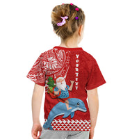 Custom Hawaii Mele Kalikimaka Kid T Shirt Santa Riding The DolPhin Mix Kakau Pattern Red Style LT03 - Polynesian Pride